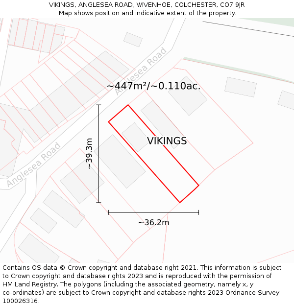 VIKINGS, ANGLESEA ROAD, WIVENHOE, COLCHESTER, CO7 9JR: Plot and title map