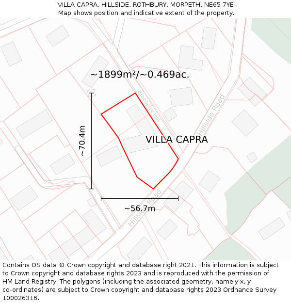 VILLA CAPRA, HILLSIDE, ROTHBURY, MORPETH, NE65 7YE: Plot and title map