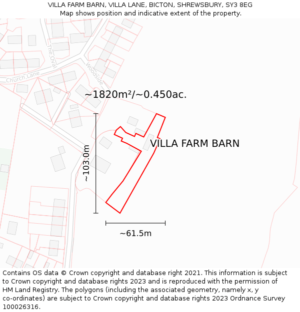 VILLA FARM BARN, VILLA LANE, BICTON, SHREWSBURY, SY3 8EG: Plot and title map