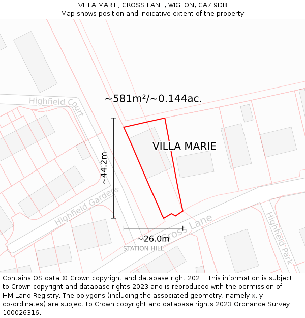 VILLA MARIE, CROSS LANE, WIGTON, CA7 9DB: Plot and title map