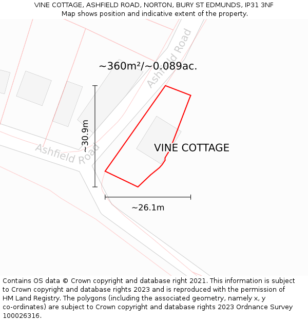 VINE COTTAGE, ASHFIELD ROAD, NORTON, BURY ST EDMUNDS, IP31 3NF: Plot and title map