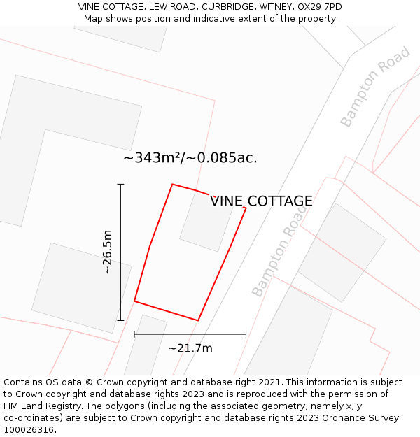 VINE COTTAGE, LEW ROAD, CURBRIDGE, WITNEY, OX29 7PD: Plot and title map