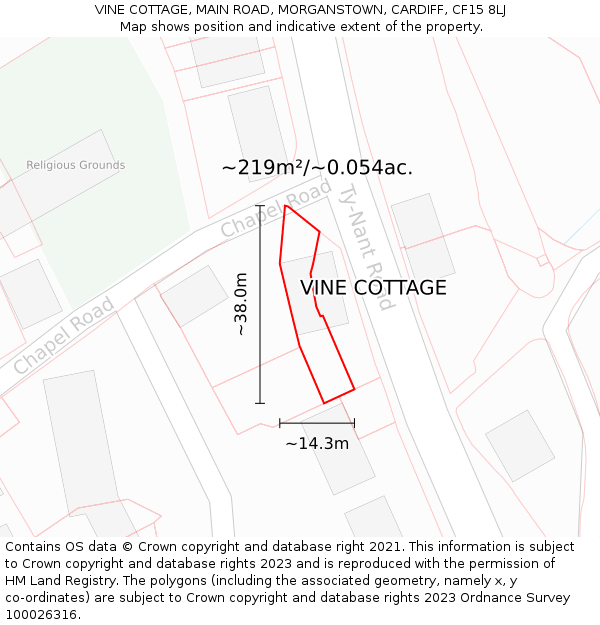 VINE COTTAGE, MAIN ROAD, MORGANSTOWN, CARDIFF, CF15 8LJ: Plot and title map