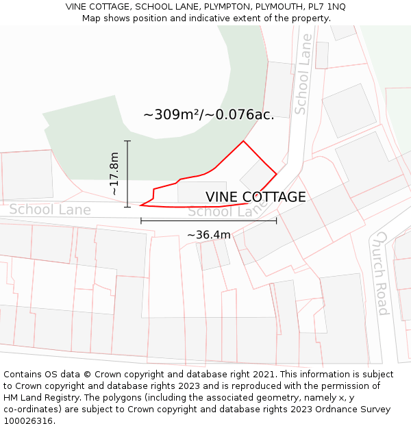 VINE COTTAGE, SCHOOL LANE, PLYMPTON, PLYMOUTH, PL7 1NQ: Plot and title map