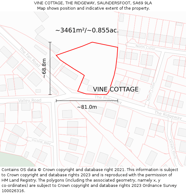 VINE COTTAGE, THE RIDGEWAY, SAUNDERSFOOT, SA69 9LA: Plot and title map