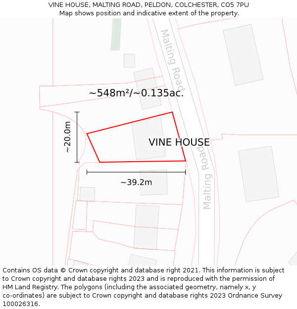 VINE HOUSE, MALTING ROAD, PELDON, COLCHESTER, CO5 7PU: Plot and title map