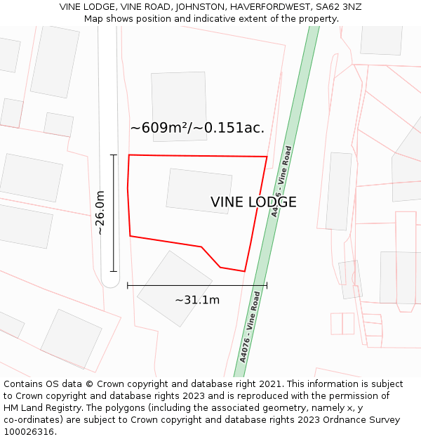 VINE LODGE, VINE ROAD, JOHNSTON, HAVERFORDWEST, SA62 3NZ: Plot and title map