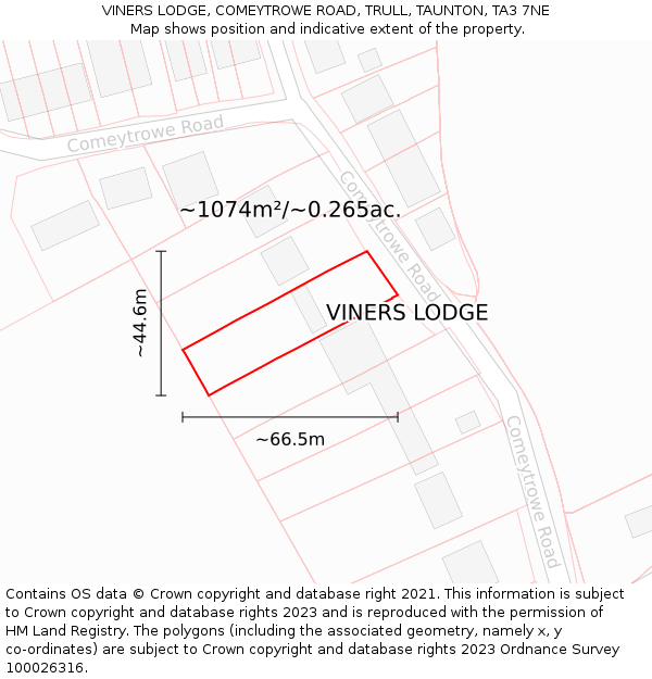 VINERS LODGE, COMEYTROWE ROAD, TRULL, TAUNTON, TA3 7NE: Plot and title map
