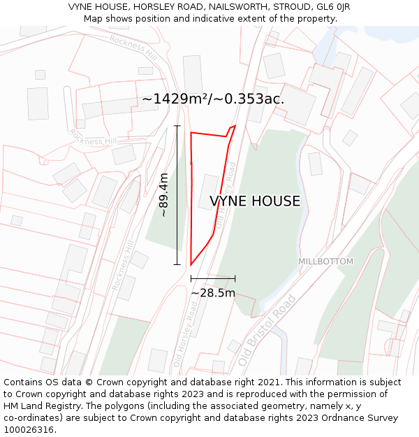 VYNE HOUSE, HORSLEY ROAD, NAILSWORTH, STROUD, GL6 0JR: Plot and title map