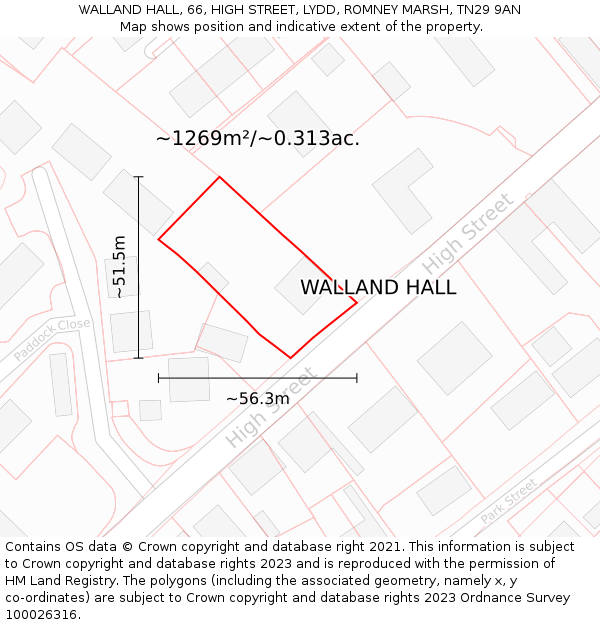 WALLAND HALL, 66, HIGH STREET, LYDD, ROMNEY MARSH, TN29 9AN: Plot and title map