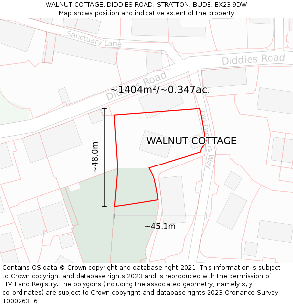 WALNUT COTTAGE, DIDDIES ROAD, STRATTON, BUDE, EX23 9DW: Plot and title map