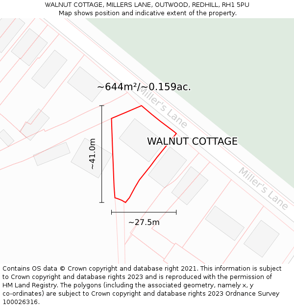 WALNUT COTTAGE, MILLERS LANE, OUTWOOD, REDHILL, RH1 5PU: Plot and title map