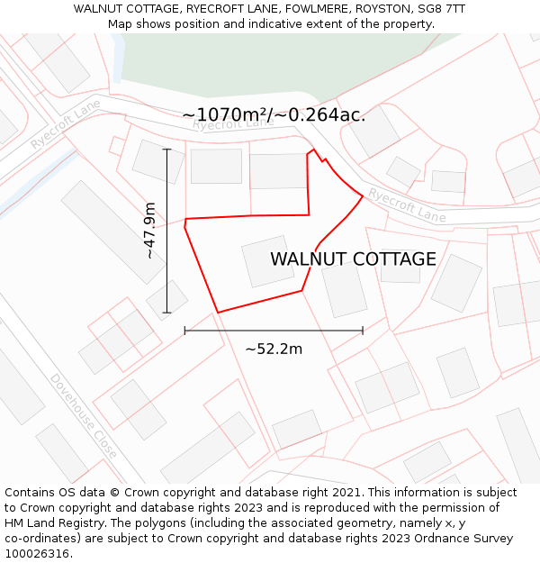 WALNUT COTTAGE, RYECROFT LANE, FOWLMERE, ROYSTON, SG8 7TT: Plot and title map