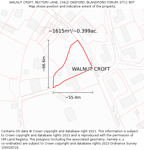 WALNUT CROFT, RECTORY LANE, CHILD OKEFORD, BLANDFORD FORUM, DT11 8DT: Plot and title map