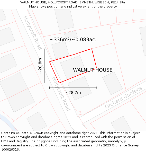 WALNUT HOUSE, HOLLYCROFT ROAD, EMNETH, WISBECH, PE14 8AY: Plot and title map