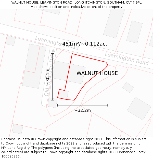 WALNUT HOUSE, LEAMINGTON ROAD, LONG ITCHINGTON, SOUTHAM, CV47 9PL: Plot and title map