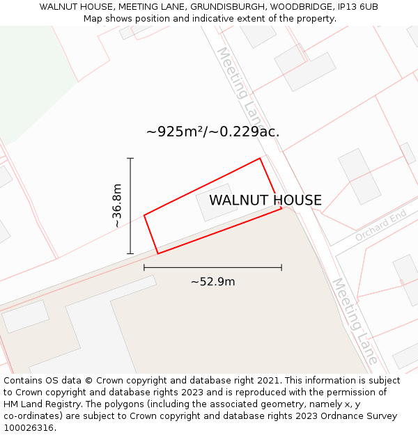 WALNUT HOUSE, MEETING LANE, GRUNDISBURGH, WOODBRIDGE, IP13 6UB: Plot and title map