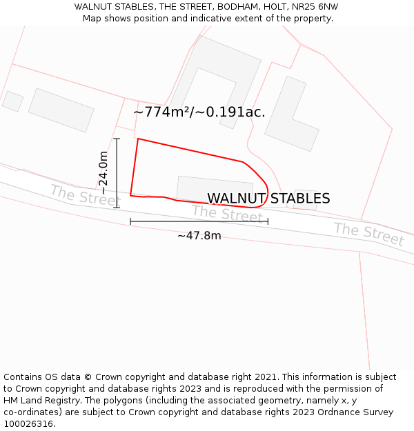 WALNUT STABLES, THE STREET, BODHAM, HOLT, NR25 6NW: Plot and title map