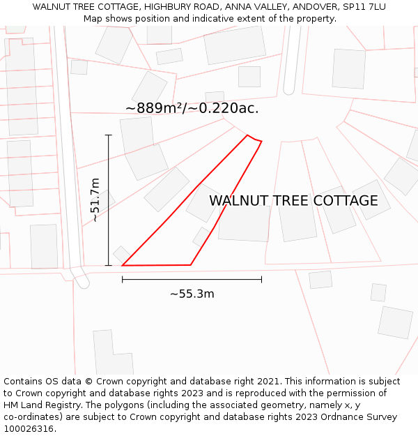 WALNUT TREE COTTAGE, HIGHBURY ROAD, ANNA VALLEY, ANDOVER, SP11 7LU: Plot and title map