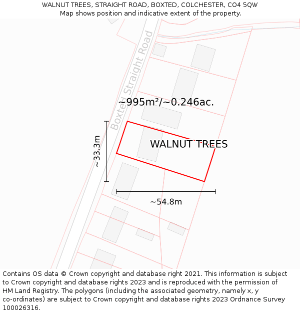 WALNUT TREES, STRAIGHT ROAD, BOXTED, COLCHESTER, CO4 5QW: Plot and title map