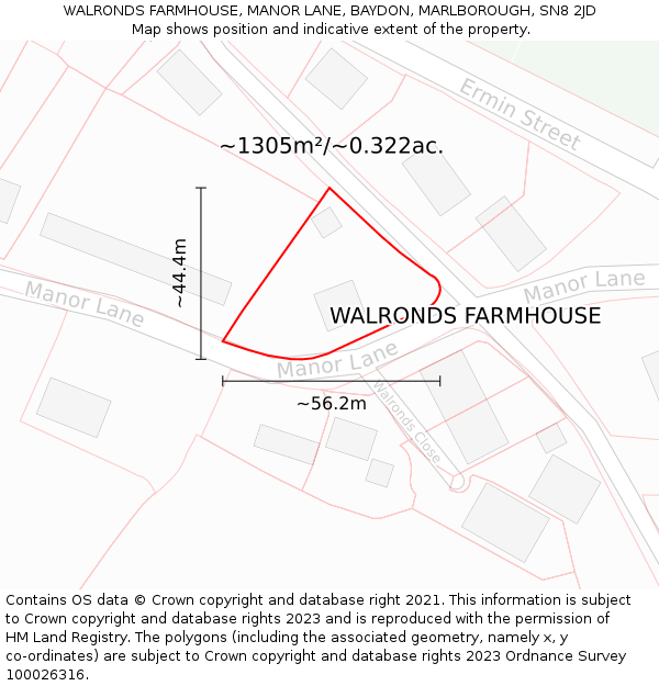 WALRONDS FARMHOUSE, MANOR LANE, BAYDON, MARLBOROUGH, SN8 2JD: Plot and title map