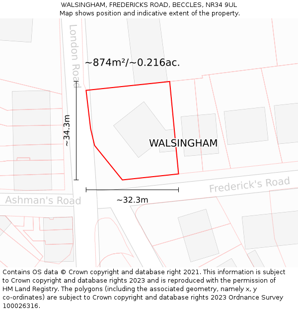 WALSINGHAM, FREDERICKS ROAD, BECCLES, NR34 9UL: Plot and title map