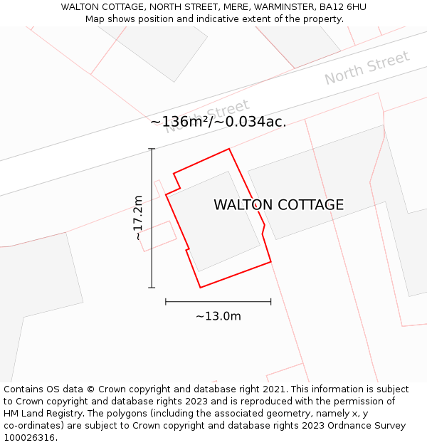 WALTON COTTAGE, NORTH STREET, MERE, WARMINSTER, BA12 6HU: Plot and title map