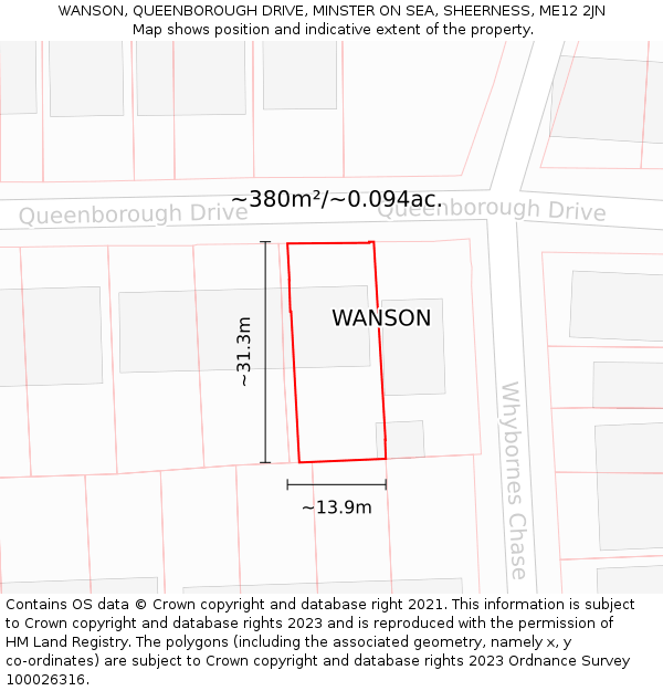 WANSON, QUEENBOROUGH DRIVE, MINSTER ON SEA, SHEERNESS, ME12 2JN: Plot and title map