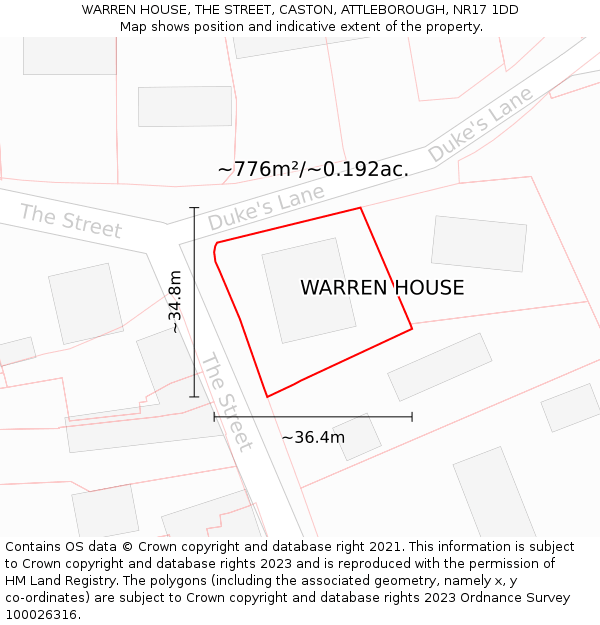 WARREN HOUSE, THE STREET, CASTON, ATTLEBOROUGH, NR17 1DD: Plot and title map