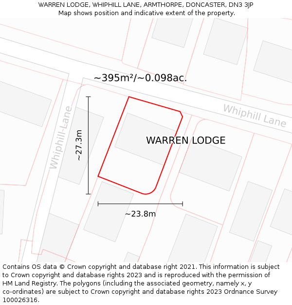 WARREN LODGE, WHIPHILL LANE, ARMTHORPE, DONCASTER, DN3 3JP: Plot and title map