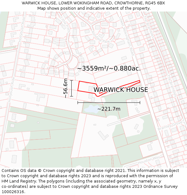 WARWICK HOUSE, LOWER WOKINGHAM ROAD, CROWTHORNE, RG45 6BX: Plot and title map
