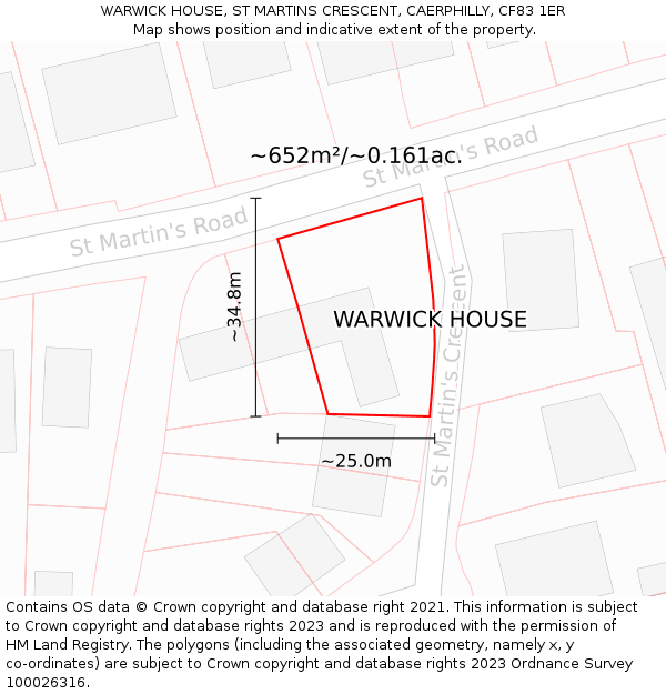 WARWICK HOUSE, ST MARTINS CRESCENT, CAERPHILLY, CF83 1ER: Plot and title map