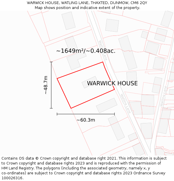 WARWICK HOUSE, WATLING LANE, THAXTED, DUNMOW, CM6 2QY: Plot and title map