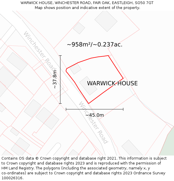 WARWICK HOUSE, WINCHESTER ROAD, FAIR OAK, EASTLEIGH, SO50 7GT: Plot and title map