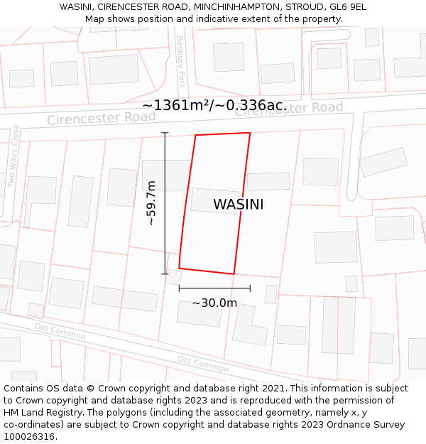 WASINI, CIRENCESTER ROAD, MINCHINHAMPTON, STROUD, GL6 9EL: Plot and title map