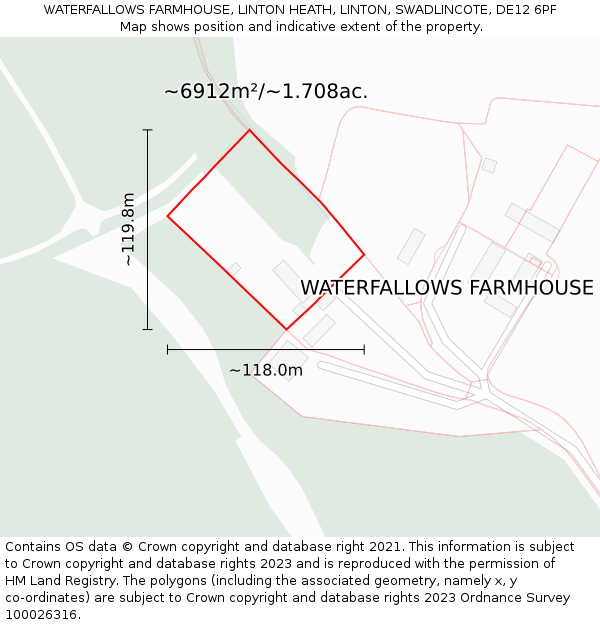 WATERFALLOWS FARMHOUSE, LINTON HEATH, LINTON, SWADLINCOTE, DE12 6PF: Plot and title map