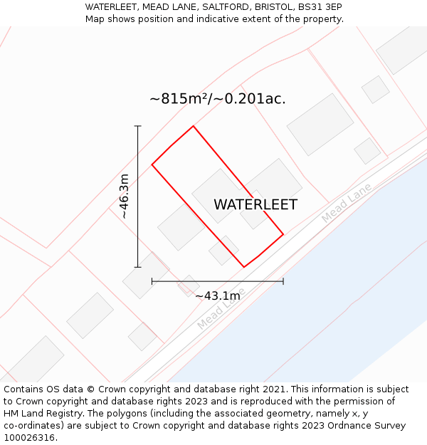 WATERLEET, MEAD LANE, SALTFORD, BRISTOL, BS31 3EP: Plot and title map