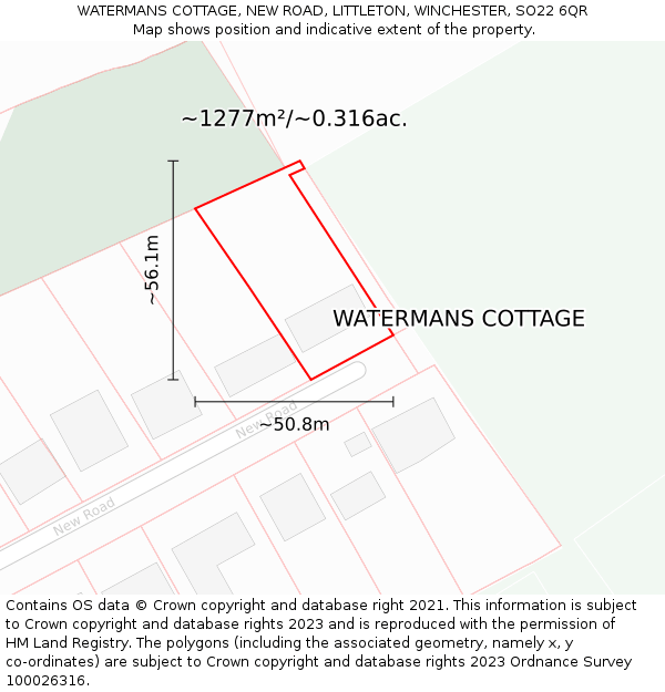 WATERMANS COTTAGE, NEW ROAD, LITTLETON, WINCHESTER, SO22 6QR: Plot and title map