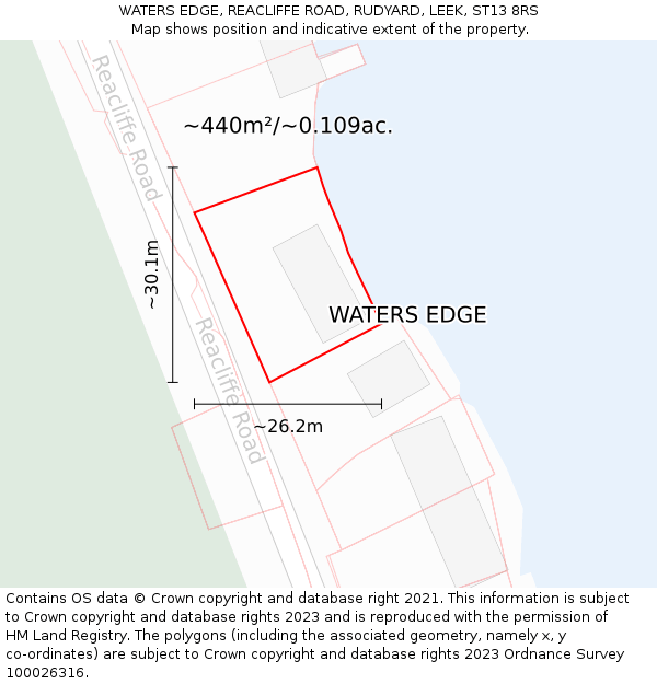 WATERS EDGE, REACLIFFE ROAD, RUDYARD, LEEK, ST13 8RS: Plot and title map