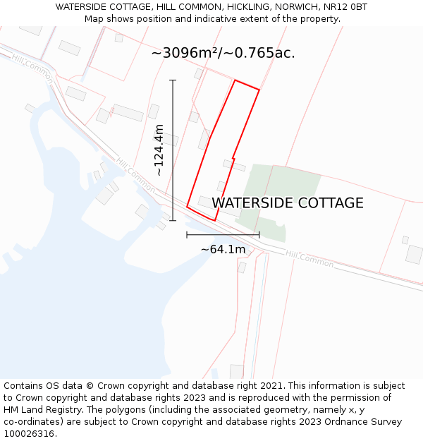 WATERSIDE COTTAGE, HILL COMMON, HICKLING, NORWICH, NR12 0BT: Plot and title map