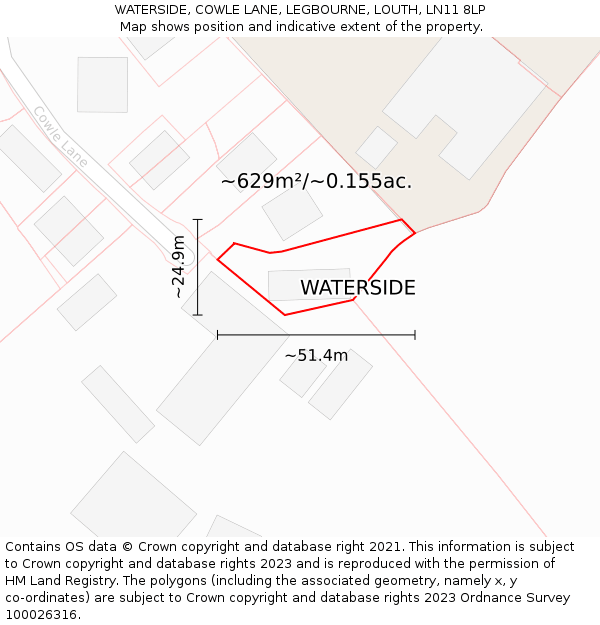 WATERSIDE, COWLE LANE, LEGBOURNE, LOUTH, LN11 8LP: Plot and title map