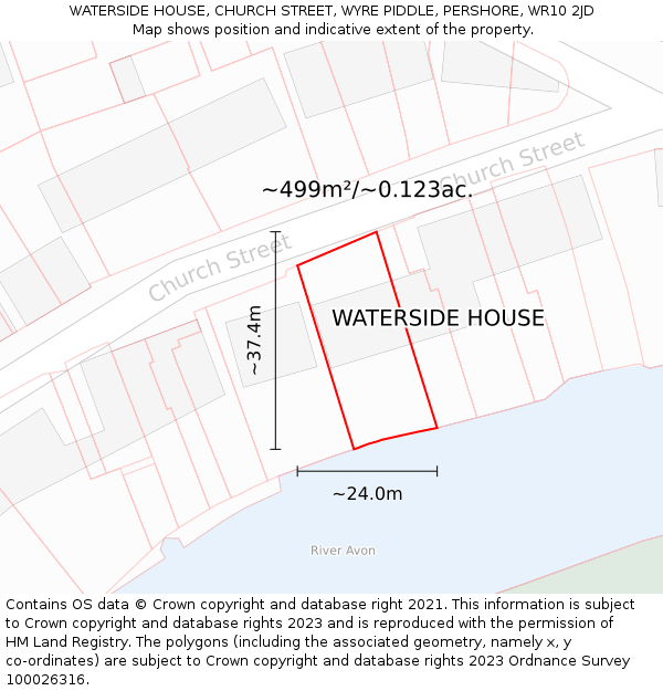 WATERSIDE HOUSE, CHURCH STREET, WYRE PIDDLE, PERSHORE, WR10 2JD: Plot and title map