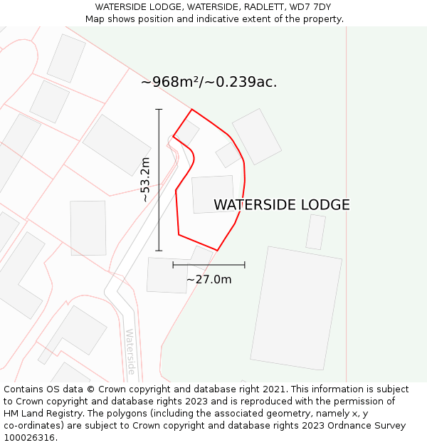 WATERSIDE LODGE, WATERSIDE, RADLETT, WD7 7DY: Plot and title map