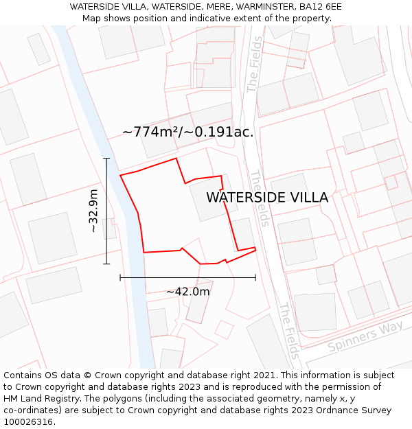 WATERSIDE VILLA, WATERSIDE, MERE, WARMINSTER, BA12 6EE: Plot and title map