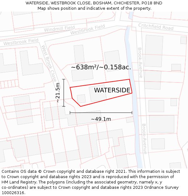 WATERSIDE, WESTBROOK CLOSE, BOSHAM, CHICHESTER, PO18 8ND: Plot and title map