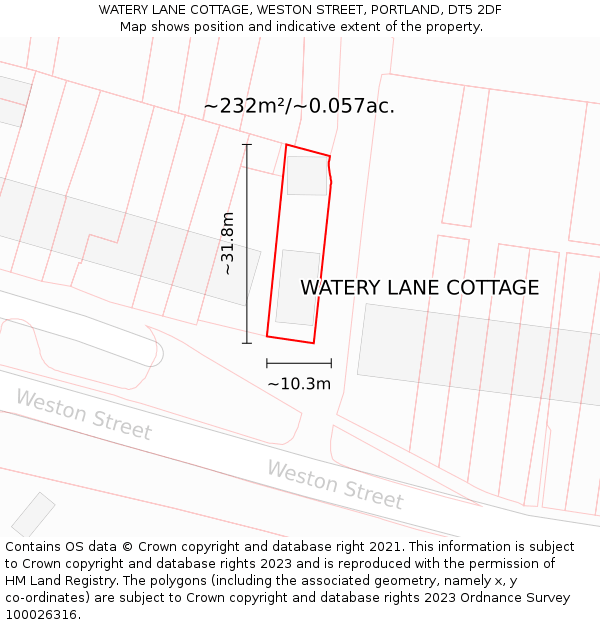WATERY LANE COTTAGE, WESTON STREET, PORTLAND, DT5 2DF: Plot and title map