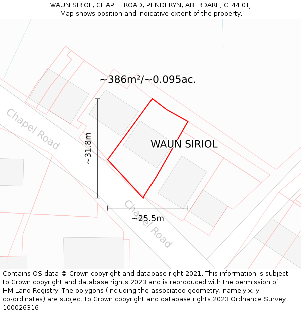 WAUN SIRIOL, CHAPEL ROAD, PENDERYN, ABERDARE, CF44 0TJ: Plot and title map