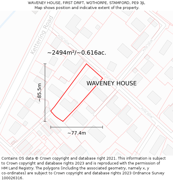 WAVENEY HOUSE, FIRST DRIFT, WOTHORPE, STAMFORD, PE9 3JL: Plot and title map