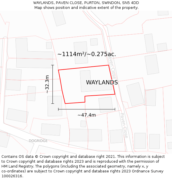 WAYLANDS, PAVEN CLOSE, PURTON, SWINDON, SN5 4DD: Plot and title map