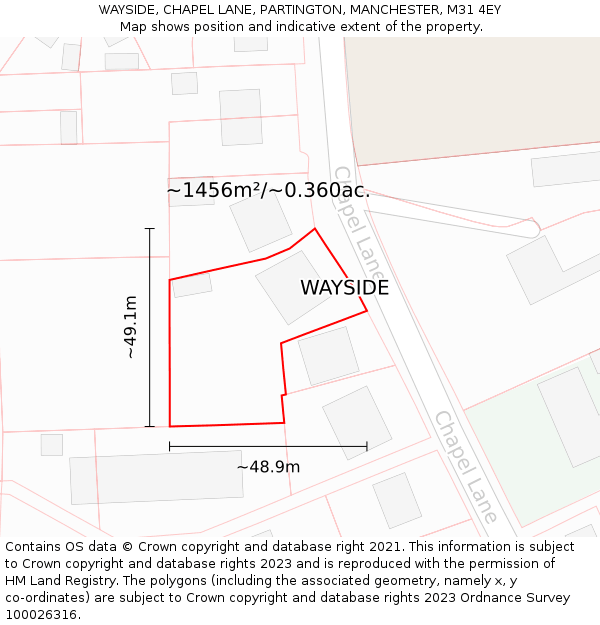 WAYSIDE, CHAPEL LANE, PARTINGTON, MANCHESTER, M31 4EY: Plot and title map